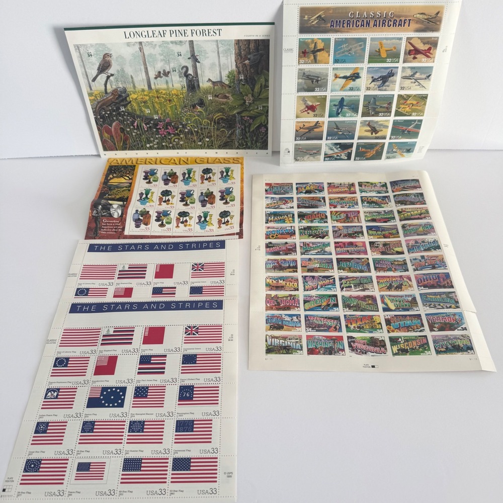 USPS Commemorative Stamp Sheets Lot of 6 Aircraft Flags Nature American Glass